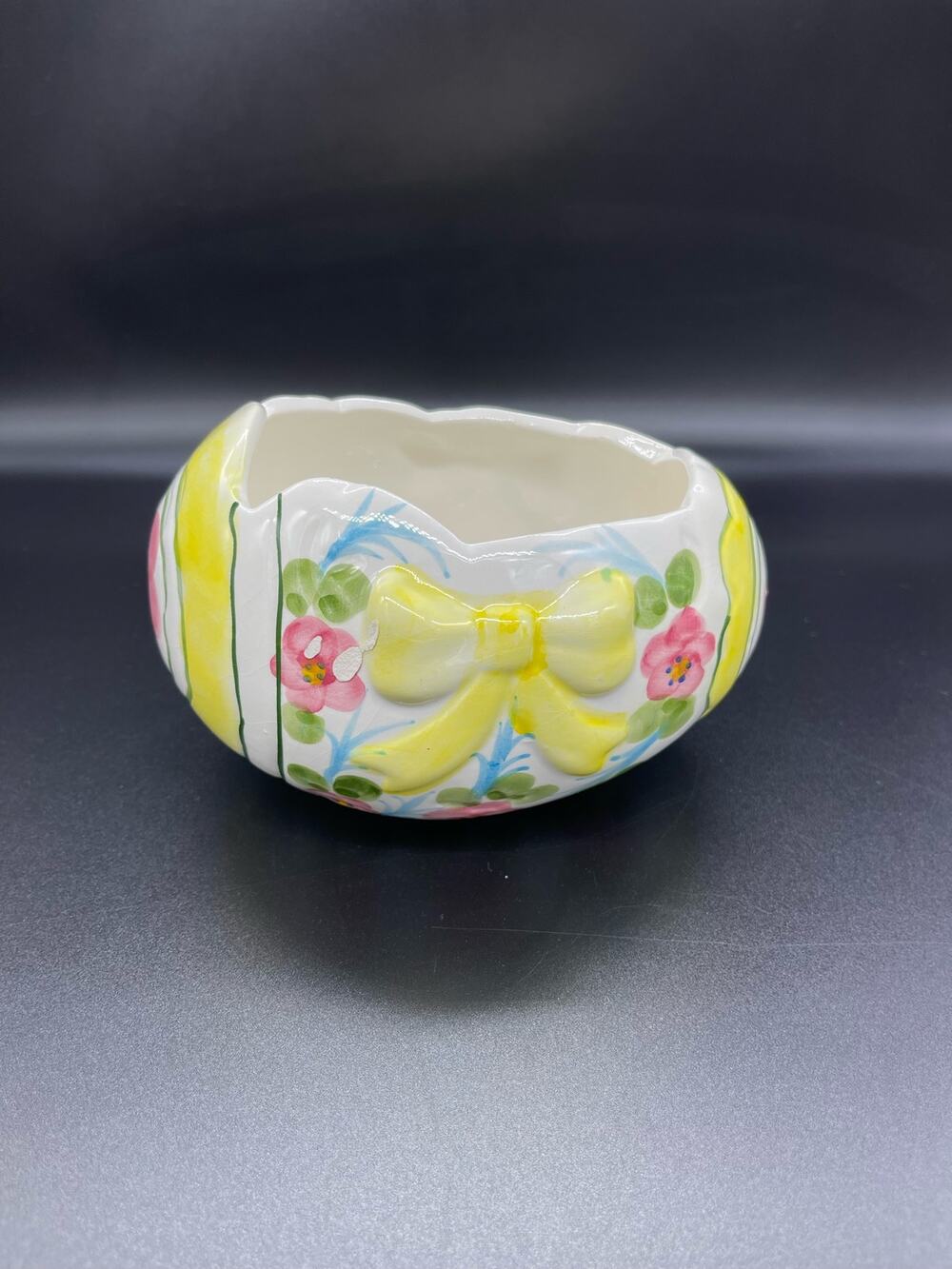 Vintage Easter Ceramic Egg Shaped Planter with Yellow Bow
